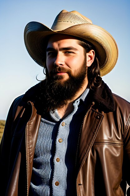 Foto un uomo con la barba che indossa un cappello e una giacca e una giacca su un campo con uno sfondo celeste e un blu