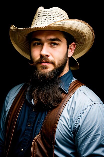 Foto un uomo con la barba che indossa un cappello e un giubbotto e un giubbotto di pelle e un giubbotto di pelle e un cappello sul suo capo