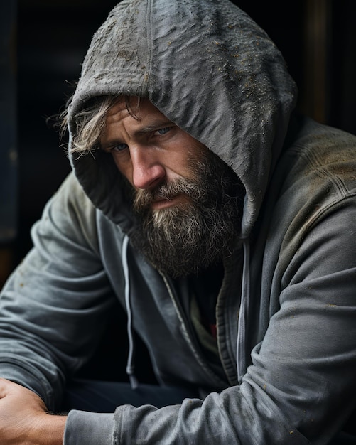 a man with a beard wearing a hoodie