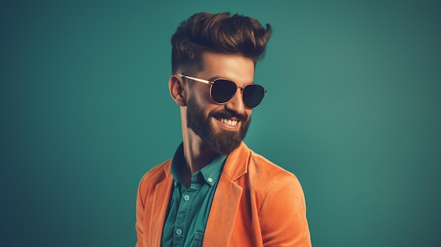 A man with a beard wearing an orange blazer and sunglasses smiles.