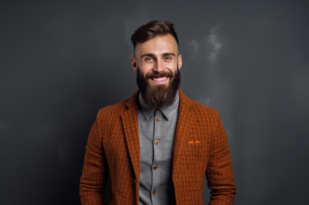 A man with a beard wearing an orange blazer