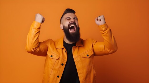 A man with a beard wearing an orange jacket and a black shirt with the word'i'm a '