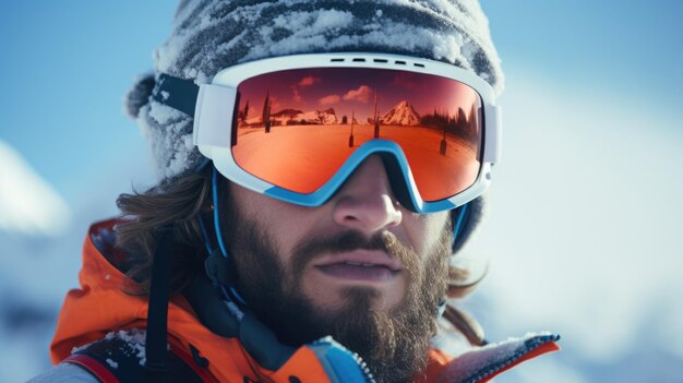 Foto un uomo con la barba che indossa occhiali da sci e un cappello questa immagine può essere usata per raffigurare sport invernali o attività all'aperto