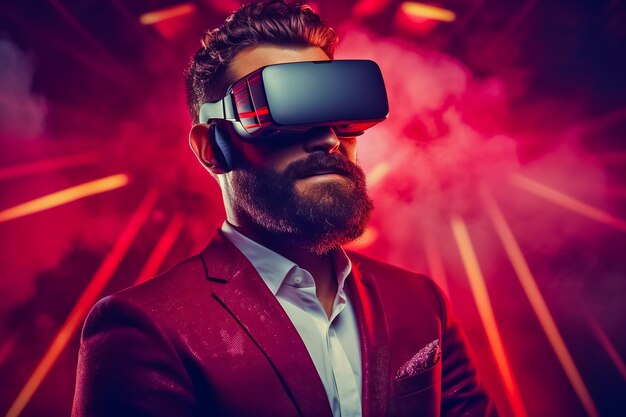 Man with beard wearing suit and red virtual glasses on red background