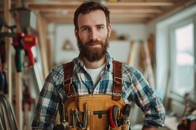 Photo a man with a beard wearing a tool belt