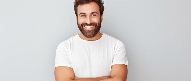 a man with a beard and a white shirt has his arms crossed