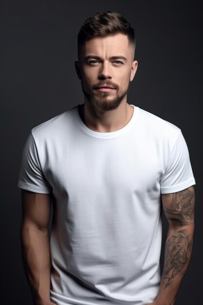 A man with a beard and a white shirt that says the word on it