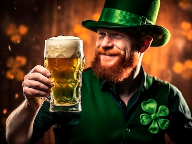 man with beard with clover top hat with a mug of beer on a wooden background St Patricks Day