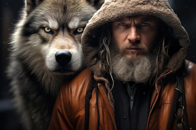 a man with a beard and a wolf