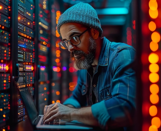 Man with beard works on laptop in server room