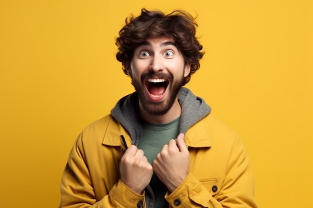 A man with a beard and a yellow jacket smiles and looks up at the camera