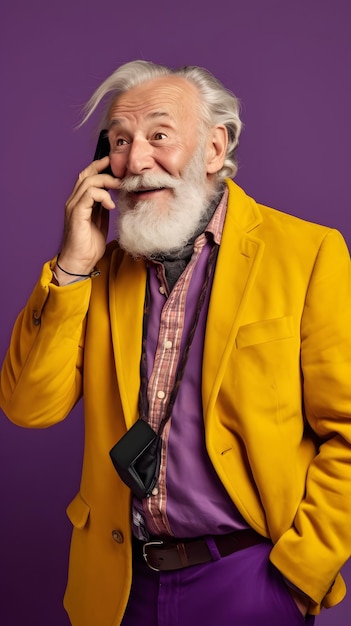 A man with a beard and a yellow jacket talks on a phone.