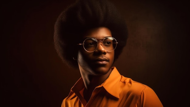 A man with a big afro wearing an orange shirt stands in front of a dark background.