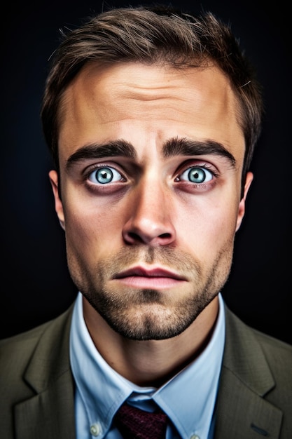 A man with a big blue eyes looks at the camera.