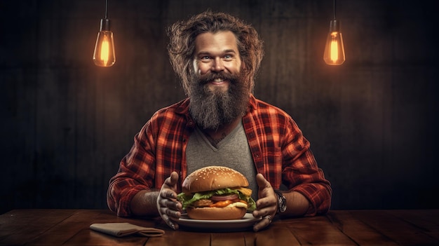 Мужчина с большим гамбургером в руках держит гамбургер.