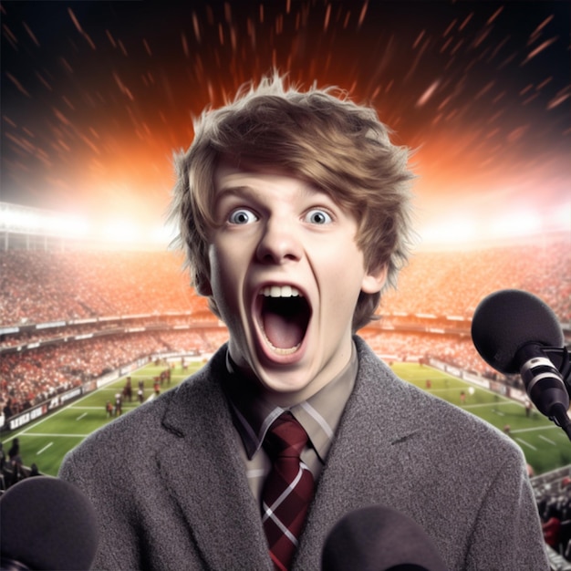 Photo a man with a big mouth is standing in front of a soccer field.