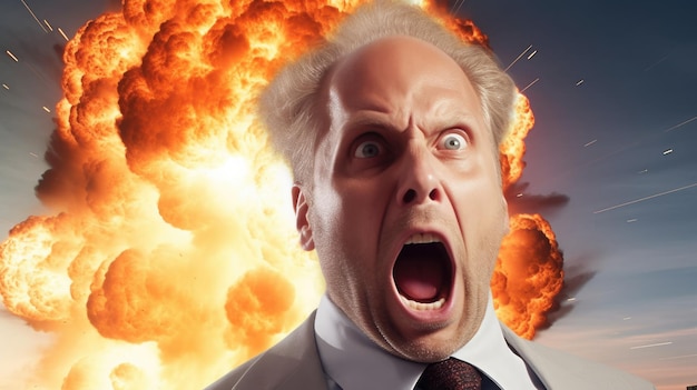 A man with a big mouth and a red explosion behind him