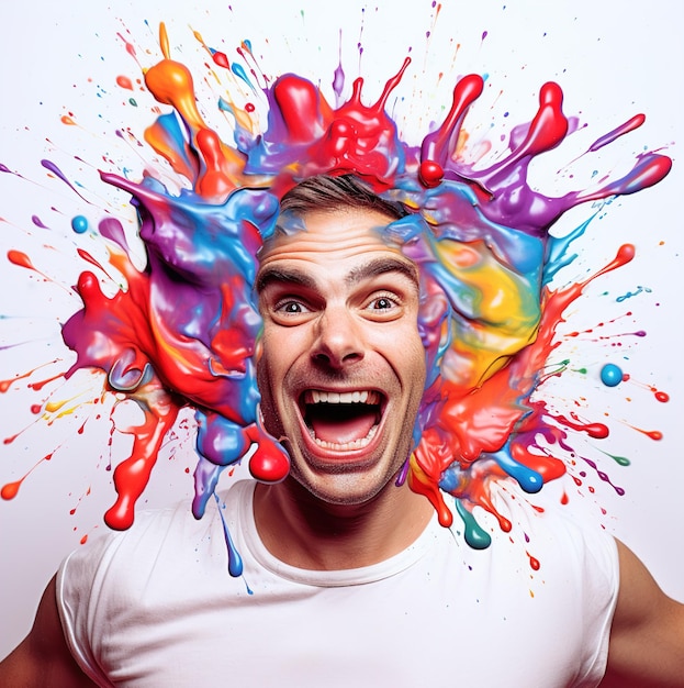 A man with a big smile on his face is covered in colorful liquid.
