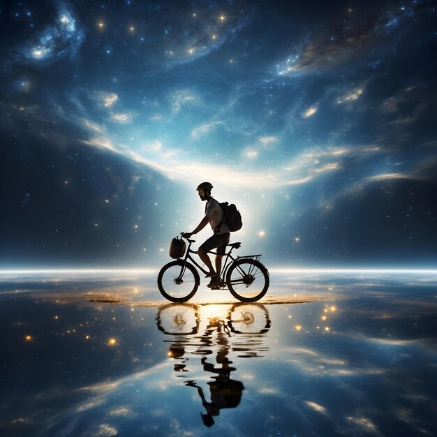 Foto l'uomo con la bicicletta nell'universo e l'acqua