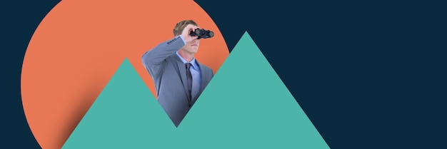 Man with binoculars standing in between statistical graphs