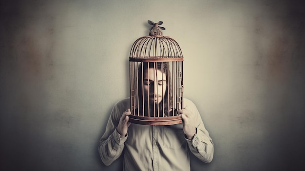 A man with a bird cage in his head is standing in front of a wall.