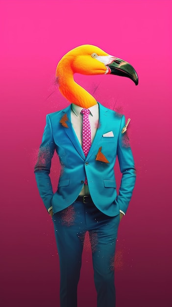 A man with a bird head on a pink background