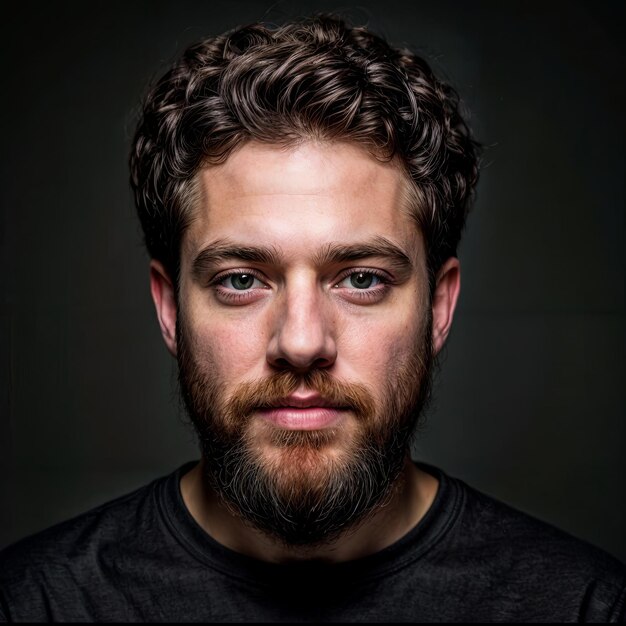 Man with black hair and beard no expression staring at camera in dark room