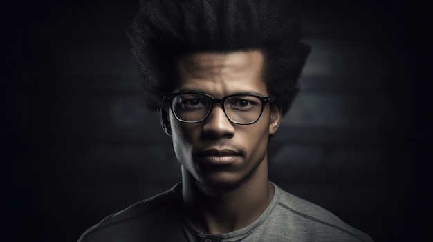 A man with black hair and glasses stands in front of a dark background.