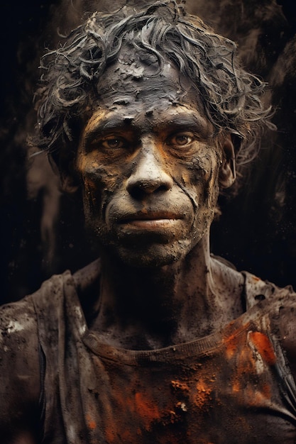 a man with black hair and mud on his face