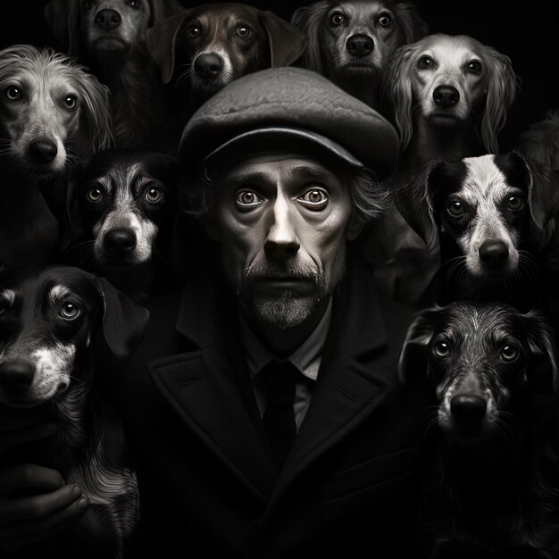 Photo a man with a black hat and a bunch of dogs