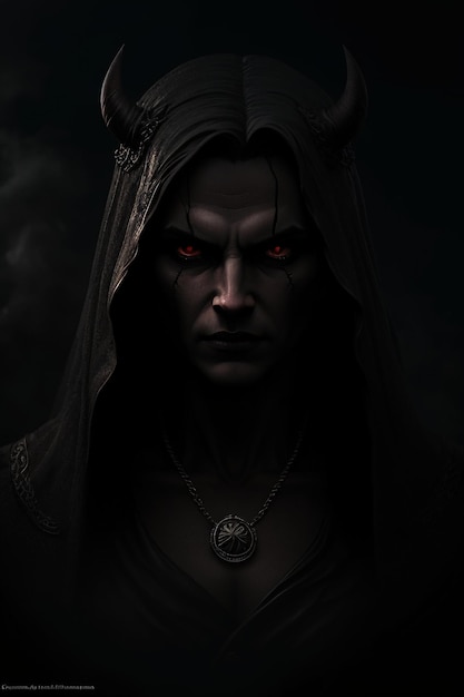 A man with a black hood and red eyes is in the dark.