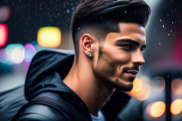 A man with a black jacket and earring stands in the rain.