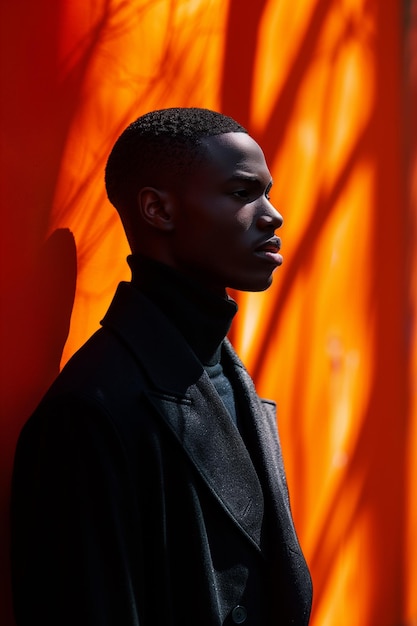 a man with a black jacket and a orange background