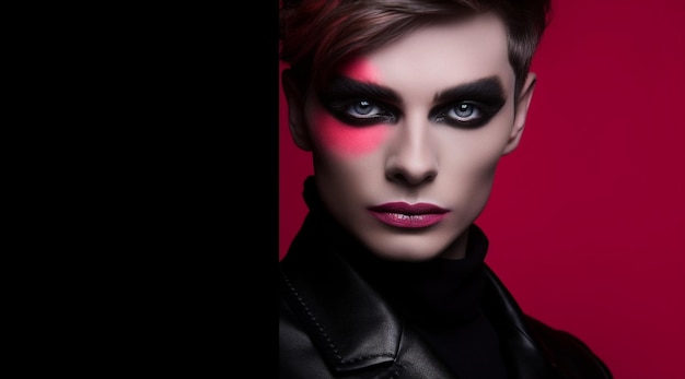 A man with black makeup and a red background