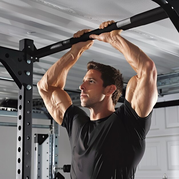 Photo a man with a black shirt is lifting a barbell