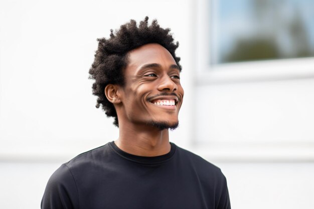 a man with a black shirt smiling and looking up