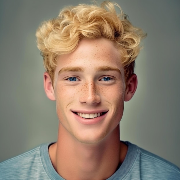 A man with blonde hair and a blue eyes and a white shirt that says " he is smiling ".