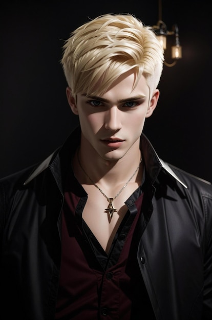 a man with blonde hair and a cross on his chest