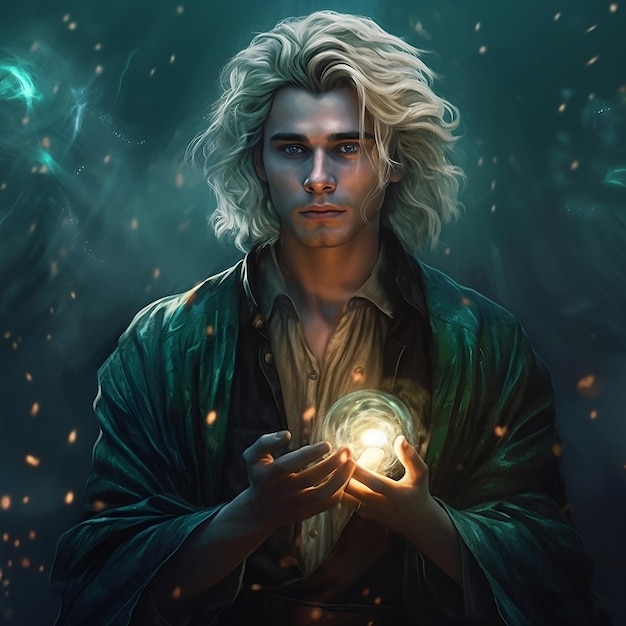 A man with blonde hair and a green robe holding a ball of fire.