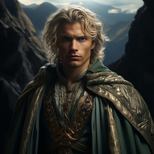 A man with blonde hair wearing a green cape