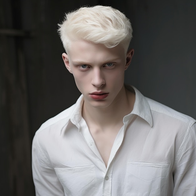 a man with blonde hair and a white shirt with a collar that says " no ".
