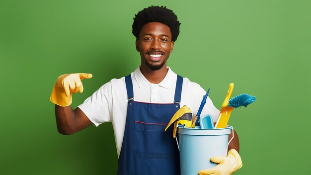 a man with a blue apron holding a bucket of paint