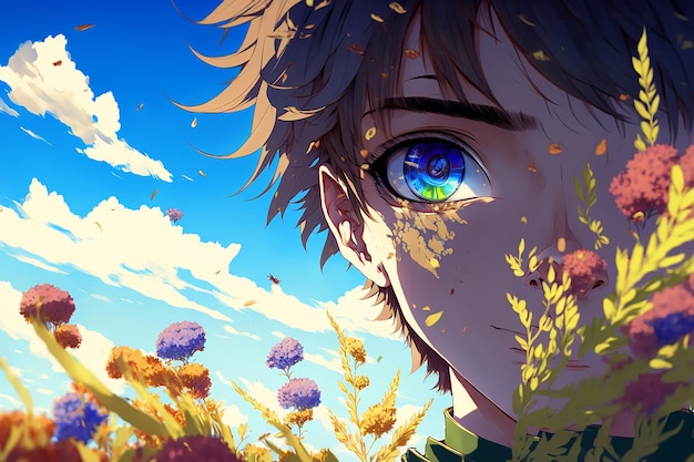 A man with a blue eye is looking at a flower field