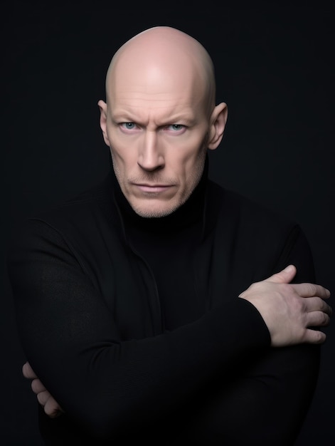 A man with a blue eyes and a black shirt is posing for a photo.