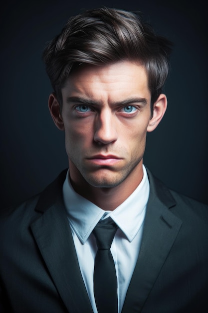 A man with blue eyes and a black suit