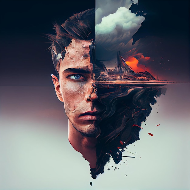 A man with blue eyes and a half face with a burning city in the background.