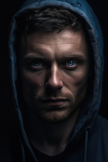 A man with blue eyes and a hood