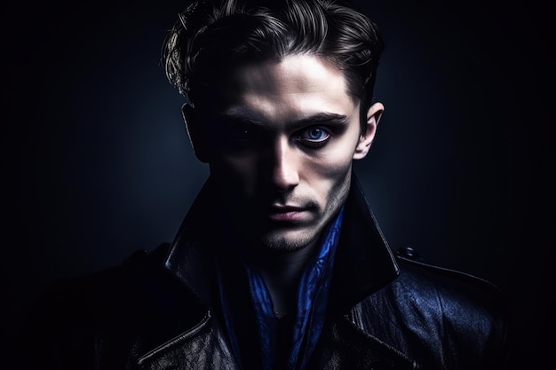 A man with blue eyes and a leather jacket is standing in front of a dark background.