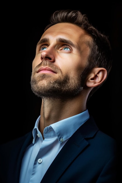 A man with blue eyes looking up and a black background