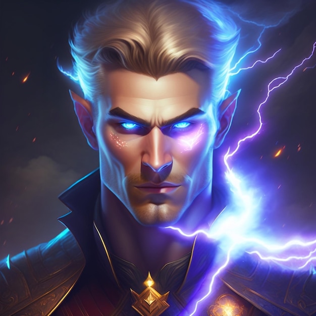 A man with a blue eyes and a purple lightning bolt in his face.